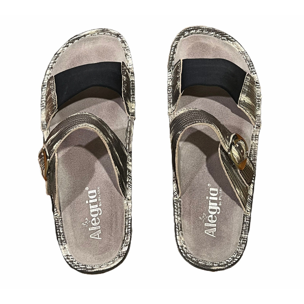 Alegria Keara Black White Silver Metallic Wrapture Leather Slide Sandals Sz 9